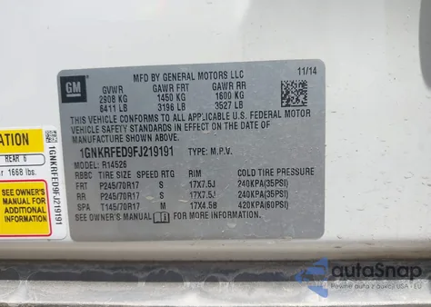 2015 Chevrolet Traverse Ls из США, поврежденный, VIN 1GNKRFED9FJ219191